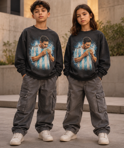 Lionel Messi Argentina Kissing the World Cup Trophy Blue Particle Burst Washed Black Kids Fan Crewneck