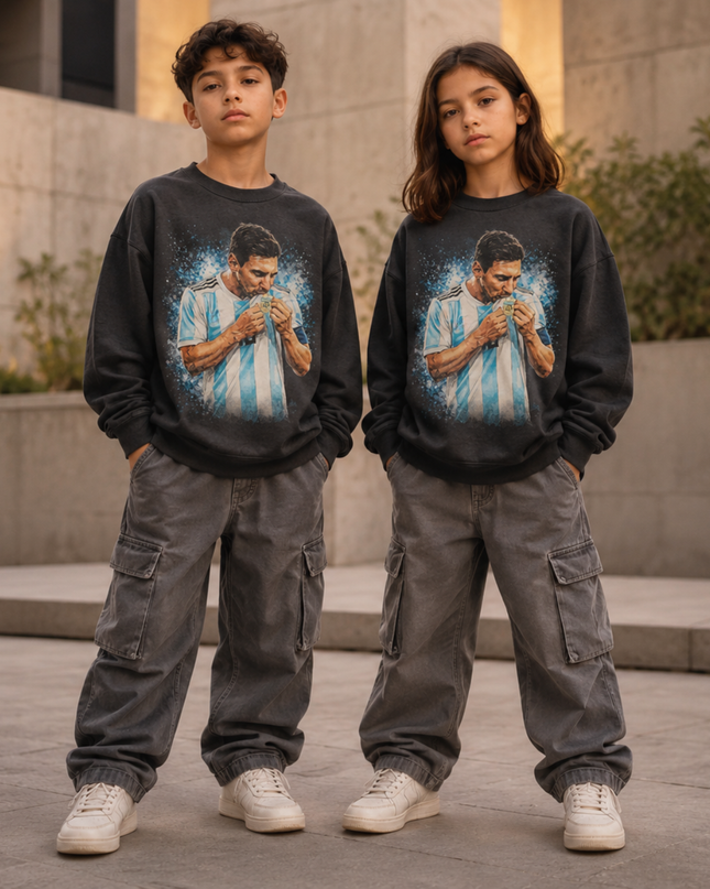 Lionel Messi Argentina Kissing the World Cup Trophy Blue Particle Burst Washed Black Kids Fan Crewneck
