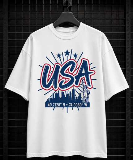 USA New York City Skyline 40.7128° N · 74.0060° W Unisex Fan T-Shirt