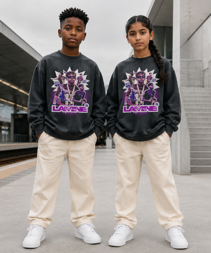 Lamine Yamal Barcelona #19 Purple Sunglasses Bootleg Multi-Pose Kids Fan Crewneck