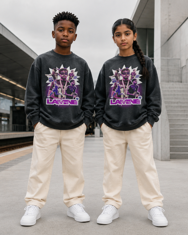 Lamine Yamal Barcelona #19 Purple Sunglasses Bootleg Multi-Pose Kids Fan Crewneck