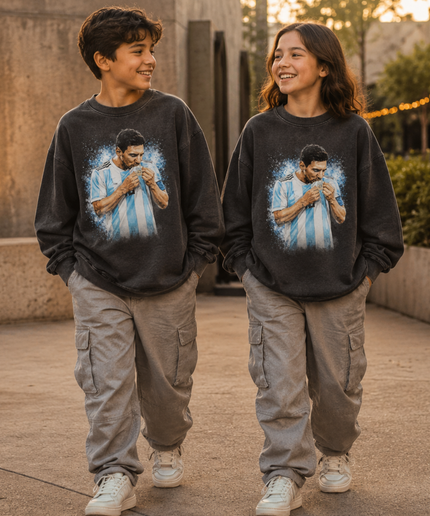 Lionel Messi Argentina Kissing the World Cup Trophy Blue Particle Burst Washed Black Kids Fan Crewneck