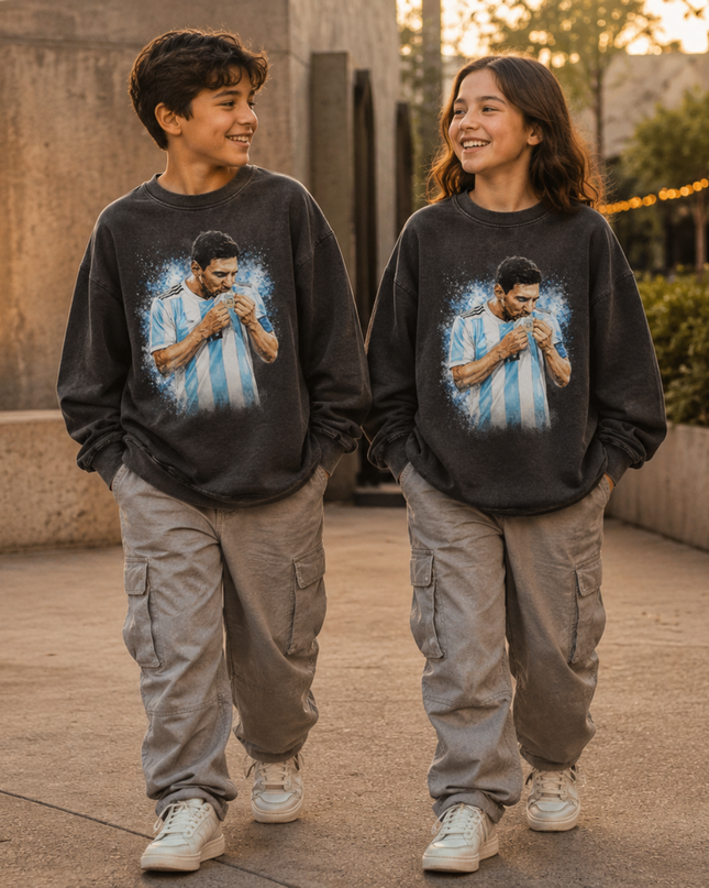 Lionel Messi Argentina Kissing the World Cup Trophy Blue Particle Burst Washed Black Kids Fan Crewneck