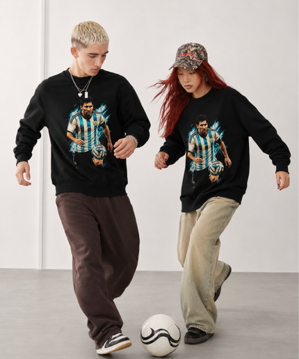 Lionel Messi Argentine Bleu sarcelle Peinture Éclaboussée Action de Dribble Portrait Unisexe Col Ras du Cou pour Fans