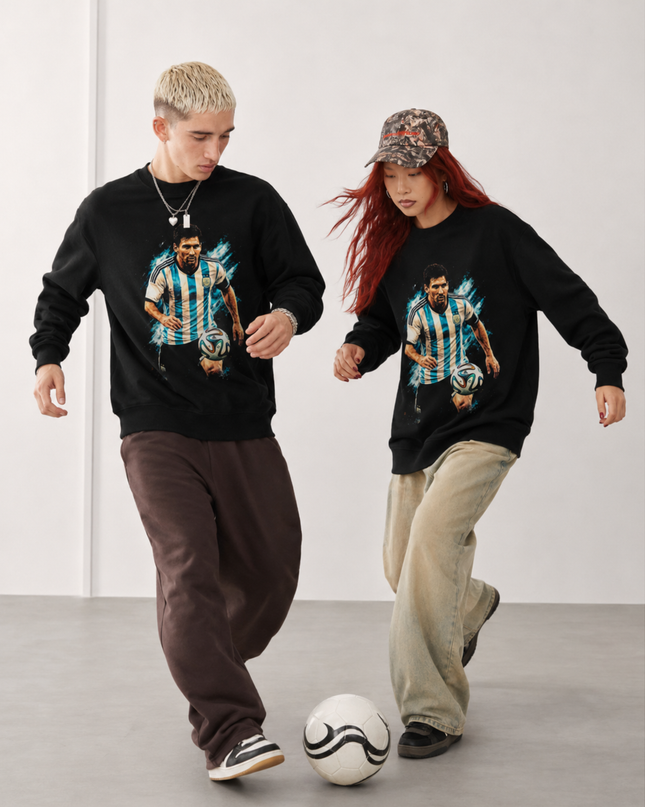 Lionel Messi Argentina Blue Teal Paint Splash Dribbling Action Portrait Unisex Fan Crewneck