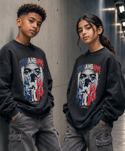 Kylian Mbappé France #10 Portrait enflammé Coupe du Monde 2026 Col rond délavé noir pour enfants