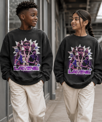 Lamine Yamal Barcelona #19 Purple Sunglasses Bootleg Multi-Pose Kids Fan Crewneck