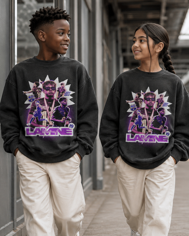 Lamine Yamal Barcelona #19 Purple Sunglasses Bootleg Multi-Pose Kids Fan Crewneck