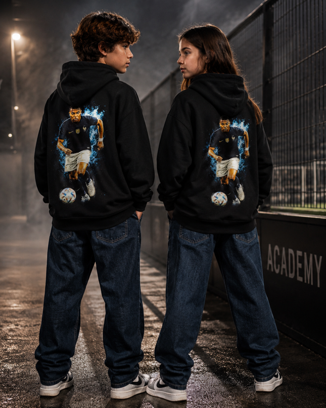 Kylian Mbappé France Blue Flame Dribble Kids Fan Hoodie