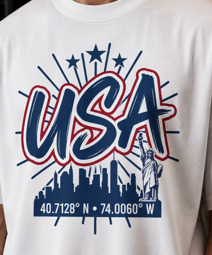 USA New York City Skyline 40.7128° N · 74.0060° W Unisex Fan T-Shirt