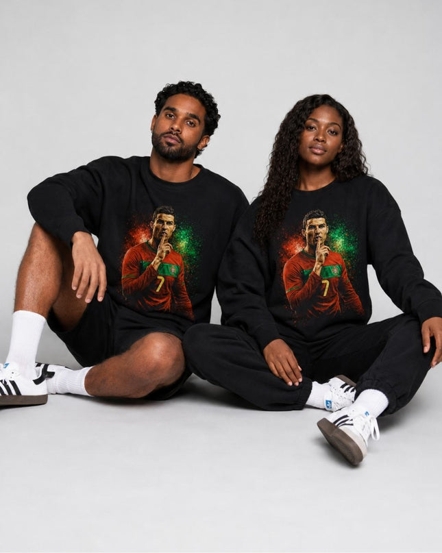 Cristiano Ronaldo Portugal Shhh Finger Lips Red Green Firework Mosaic Portrait Unisex Fan Crewneck