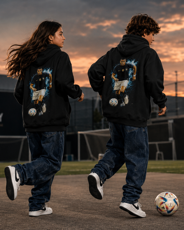 Kylian Mbappé France Blue Flame Dribble Kids Fan Hoodie