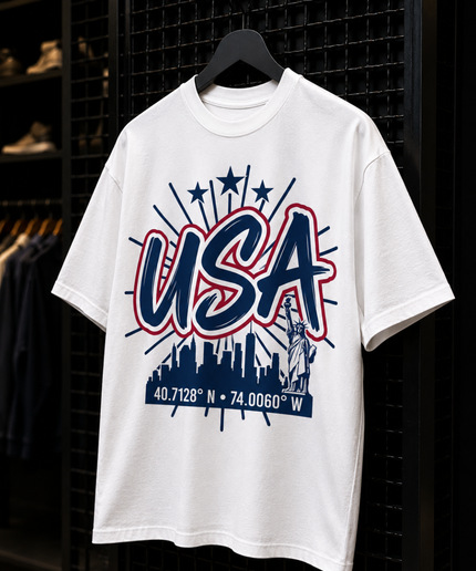 USA New York City Skyline 40.7128° N · 74.0060° W Unisex Fan T-Shirt
