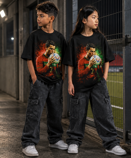 T-Shirt Enfant Cristiano Ronaldo Portugal #7 Baiser Ballon Feu Portrait Fan