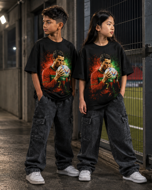 T-Shirt Enfant Cristiano Ronaldo Portugal #7 Baiser Ballon Feu Portrait Fan