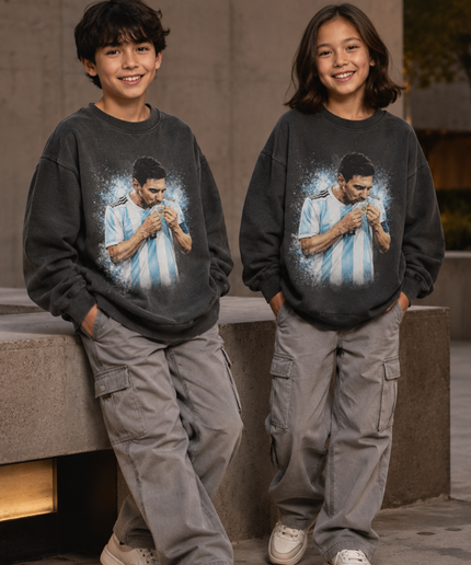 Lionel Messi Argentina Kissing the World Cup Trophy Blue Particle Burst Washed Black Kids Fan Crewneck