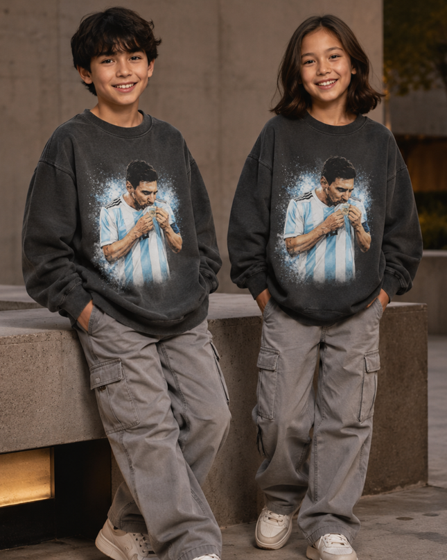 Lionel Messi Argentina Kissing the World Cup Trophy Blue Particle Burst Washed Black Kids Fan Crewneck