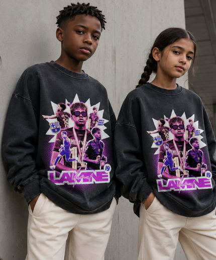 Lamine Yamal Barcelona #19 Purple Sunglasses Bootleg Multi-Pose Kids Fan Crewneck