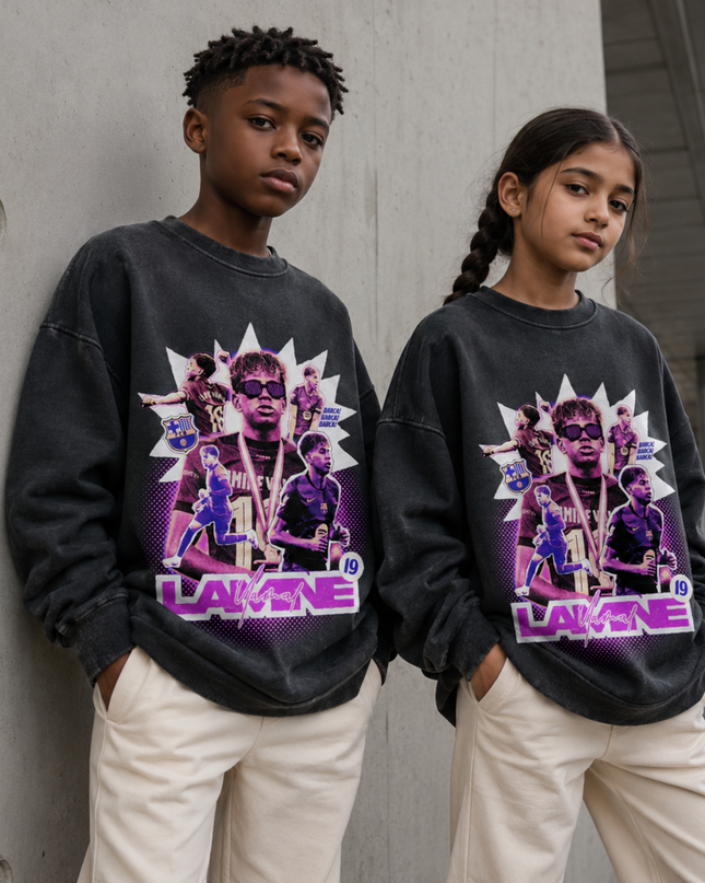 Lamine Yamal Barcelona #19 Purple Sunglasses Bootleg Multi-Pose Kids Fan Crewneck