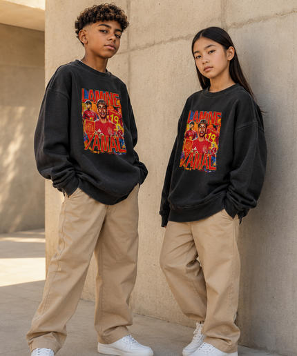 Lamine Yamal Spain #19 Red Fire Vintage Bootleg Multi-Pose Kids Fan Crewneck