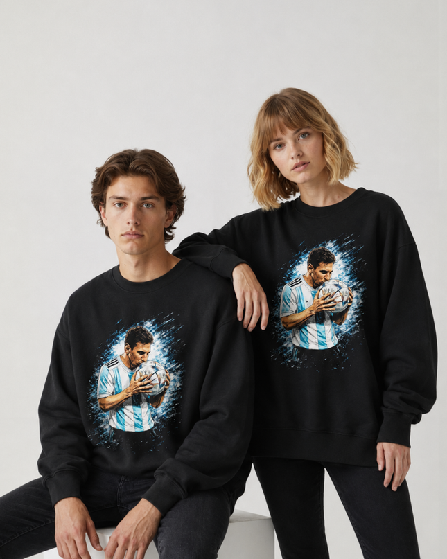 Lionel Messi Argentina Ball Kiss Blue Teal Crystal Explosion Portrait Unisex Fan Crewneck