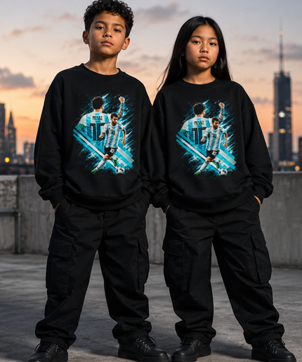 Lionel Messi Argentina #10 Back-Pose MESSI 10 Teal Blue Brush Stroke Dual-Pose Black Kids Fan Crewneck