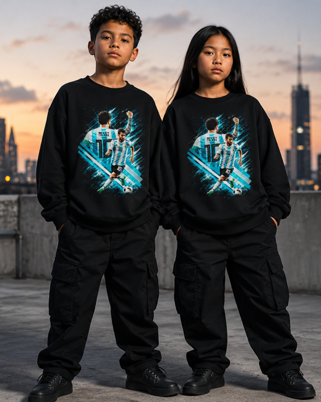 Lionel Messi Argentina #10 Back-Pose MESSI 10 Teal Blue Brush Stroke Dual-Pose Black Kids Fan Crewneck