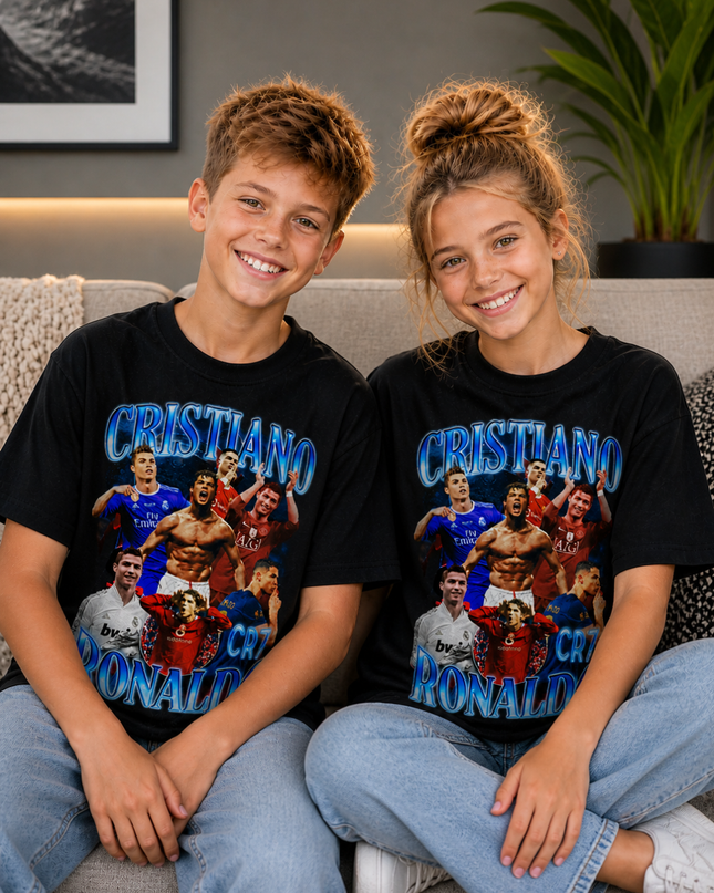 Cristiano CR7 Ronaldo Blue Chrome Vintage Kids Fan T-Shirt