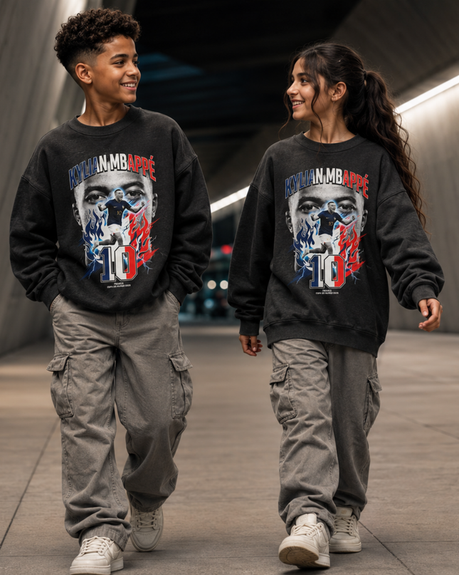 Kylian Mbappé France #10 Fire Face Portrait Copa del Mundo 2026 Washed Black Kids Fan Crewneck