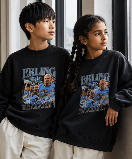 Erling Haaland Manchester City Blue Grey Most Goals Vintage Bootleg Multi-Pose Collage Kids Fan Crewneck