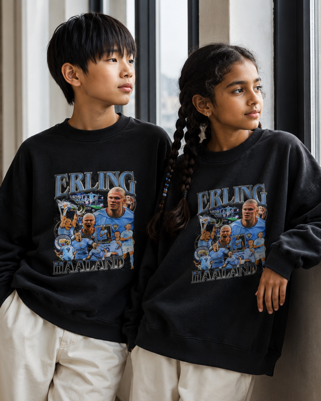 Erling Haaland Manchester City Bleu Gris Meilleur Buteur Vintage Bootleg Collage Multi-Pose Enfant Fan Col Rond