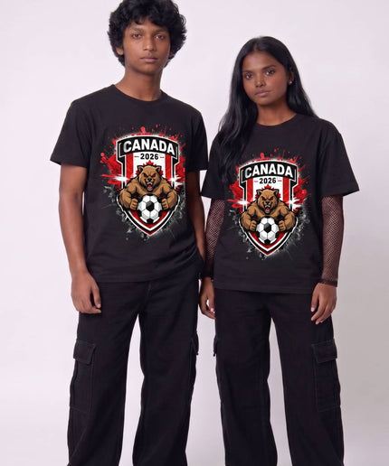 T-shirt unisexe de supporter Canada 2026 Coupe du Monde de Football Ours Grizzly Blason Bouclier