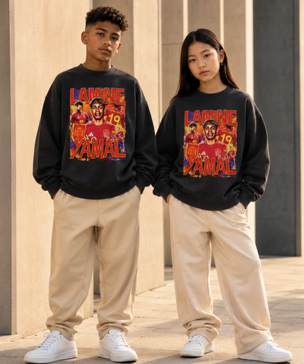 Lamine Yamal Spain #19 Red Fire Vintage Bootleg Multi-Pose Kids Fan Crewneck