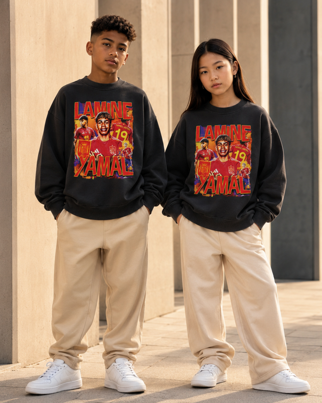 Lamine Yamal Spain #19 Red Fire Vintage Bootleg Multi-Pose Kids Fan Crewneck