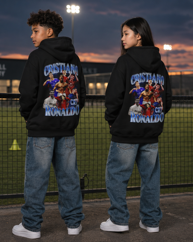 Cristiano Ronaldo CRISTIANO CR7 RONALDO Blue Chrome Multi-Era Celebration Collage Kids Fan Hoodie