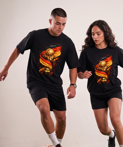 T-Shirt unisexe « Coupe du Monde 2026 » Motif : Allemagne, Trophée de la Coupe du Monde, Drapeau, Feu, Cinématique, Football