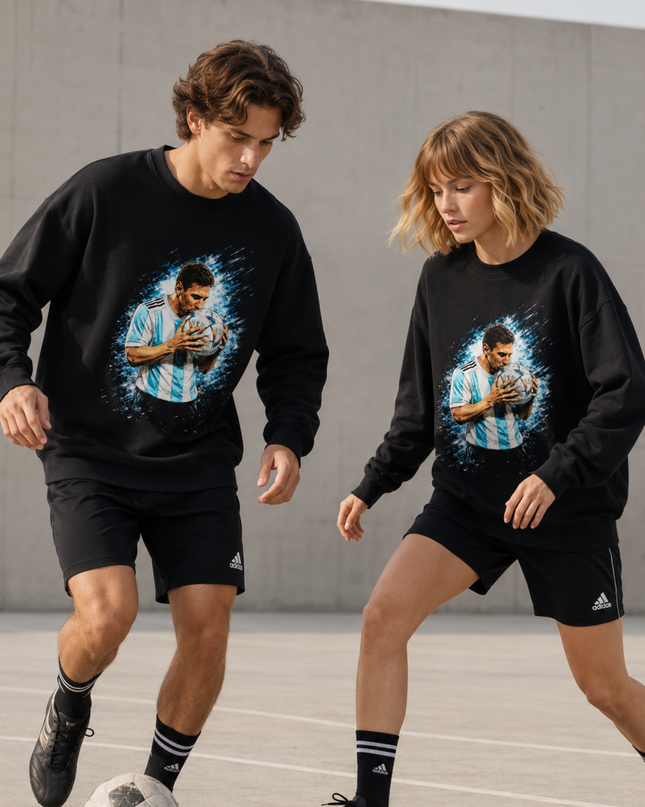 Lionel Messi Argentina Ball Kiss Blue Teal Crystal Explosion Portrait Unisex Fan Crewneck