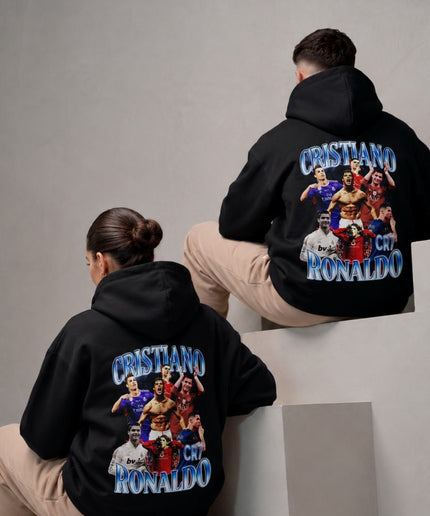 Sweat à capuche adulte fan de Cristiano Ronaldo CR7 Blue Chrome Multi-Club Retro Bootleg Collage
