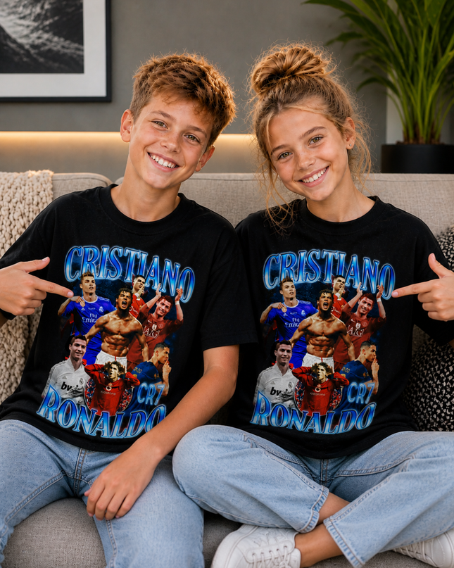 Cristiano CR7 Ronaldo Blue Chrome Vintage Kids Fan T-Shirt