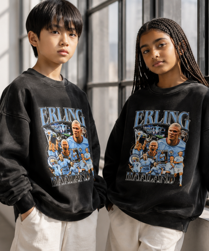 Erling Haaland Manchester City Blue Grey Most Goals Vintage Bootleg Multi-Pose Collage Kids Fan Crewneck