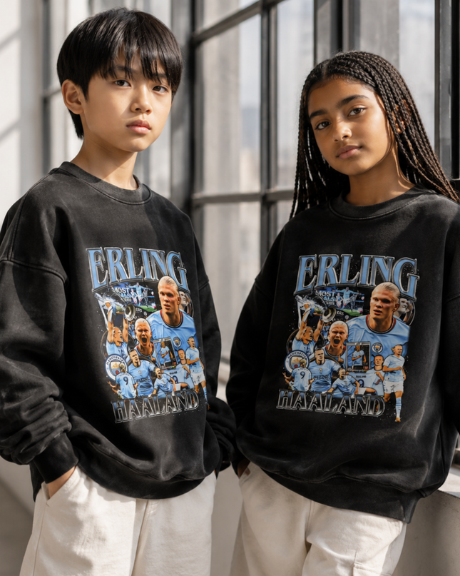 Erling Haaland Manchester City Bleu Gris Meilleur Buteur Vintage Bootleg Collage Multi-Pose Enfant Fan Col Rond