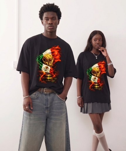 T-shirt unisexe fan Coupe du Monde 2026 Mexique Drapeau Flamme Trophée Football