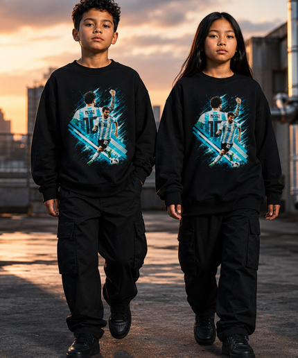 Lionel Messi Argentina #10 Back-Pose MESSI 10 Teal Blue Brush Stroke Dual-Pose Black Kids Fan Crewneck