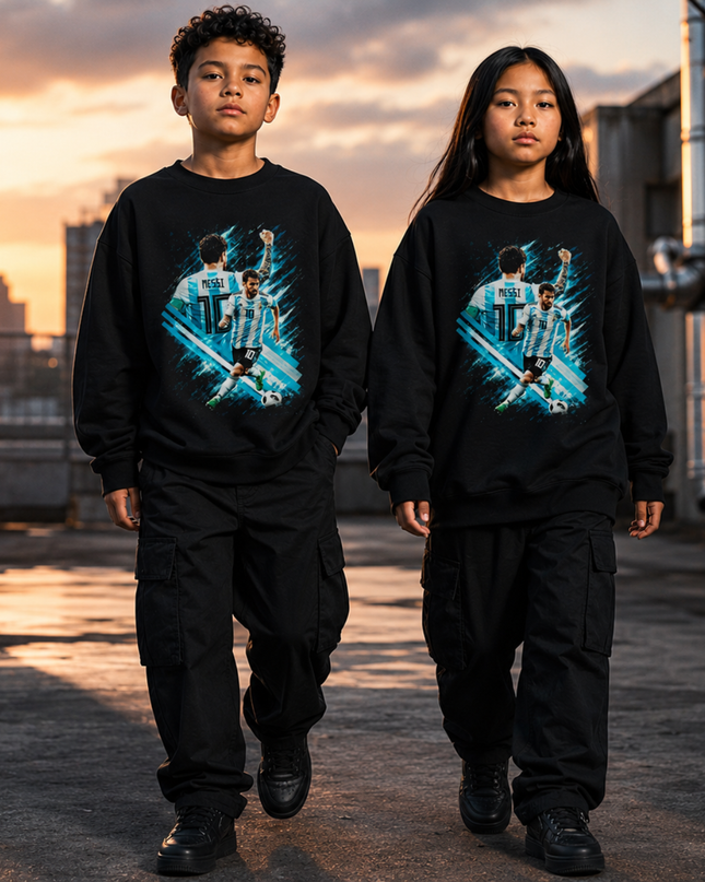 Lionel Messi Argentina #10 Back-Pose MESSI 10 Teal Blue Brush Stroke Dual-Pose Black Kids Fan Crewneck