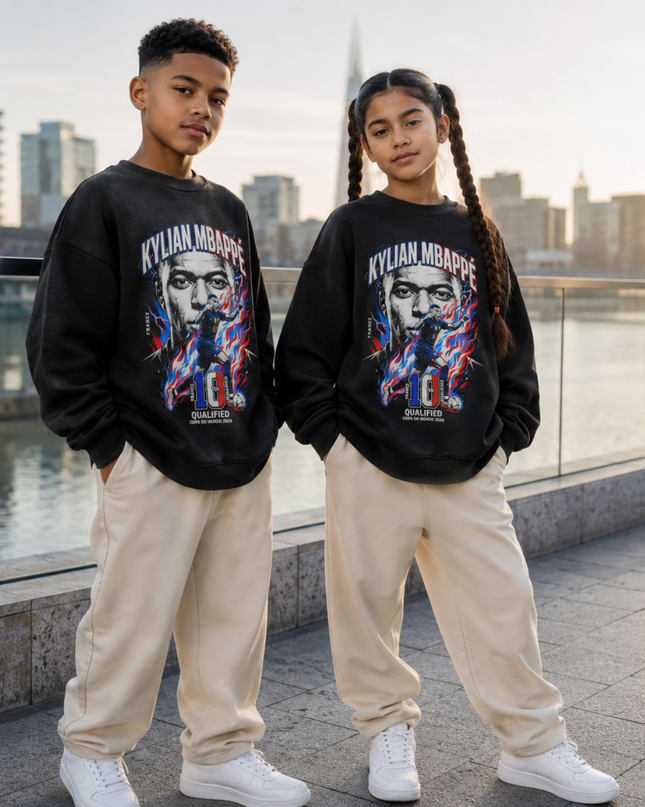 Kylian Mbappé France #10 Qualified Copa del Mundo 2026 Red Blue Fire Face Portrait Kids Fan Crewneck