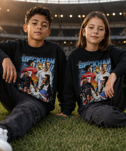 David Beckham Real Madrid CF White Blue Vintage Rap Bootleg Multi-Pose Collage Kids Fan Crewneck