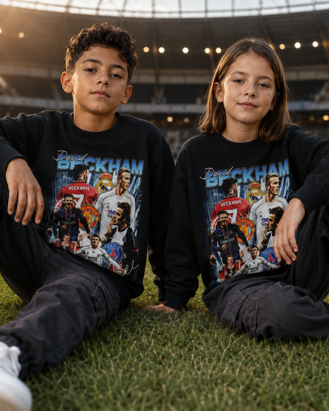 David Beckham Real Madrid CF White Blue Vintage Rap Bootleg Multi-Pose Collage Kids Fan Crewneck