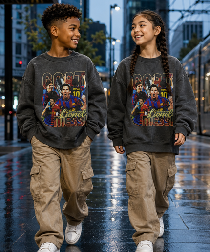 Lionel Messi Barcelona GOAT #10 Vintage Bootleg Multi-Pose Washed Black Kids Fan Crewneck