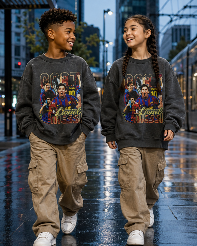 Lionel Messi Barcelona GOAT #10 Vintage Bootleg Multi-Pose Washed Black Kids Fan Crewneck