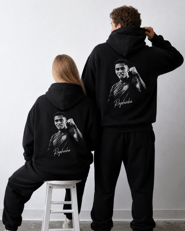 Raphinha Barcelona B&W Fist Pump Signature Portrait Unisex Fan Hoodie